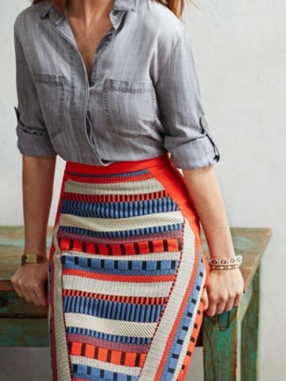 Eva Franco Anthropologie Geometric Print Pencil Skirt Orange Blue Cream Size 10